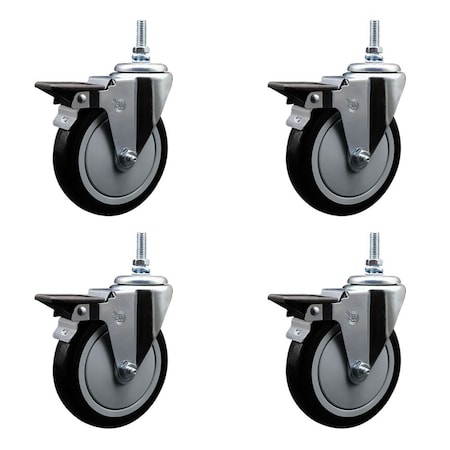 Service Caster 5 Inch Black Polyurethane 12 MM Threaded Stem Caster Set with Brake SCC-TS20S514-PPUB-BLK-PLB-M1215-4